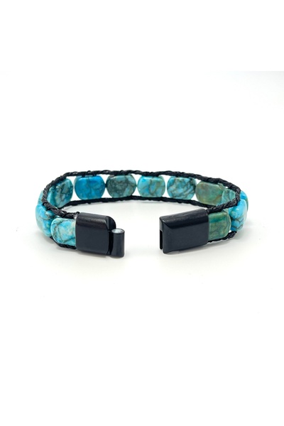 YILDIZ DOĞAL TAŞ Certified Turquoise Turquoise Stone Rolex Model Interlocking Unisex Natural Stone Bracelet