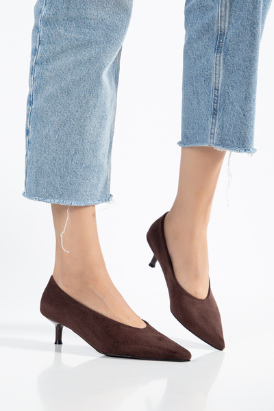 LİVAY STORE Acı Kahve Süet Kitten Topuklu Rahat Şık Kadın Stiletto Ayakkabı