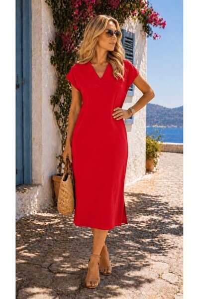 DRESSIFY WOMEN’S FASHION Women's short sleeve v-neck midi woven viscose dress...