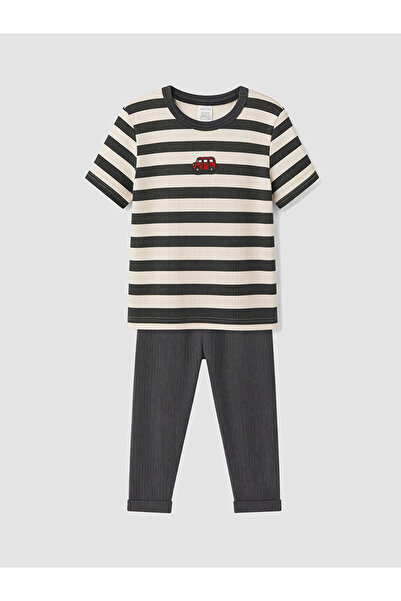 LC Waikiki Trendlucky Embroidered Striped Baby Boy Set with Difference in Color
