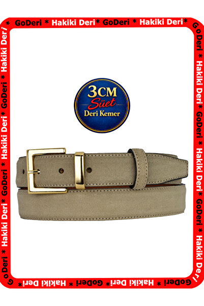 GoDeri Genuine Leather, 3 cm Gold Color Buckle, Light Milk Coffee Suede, Stit...