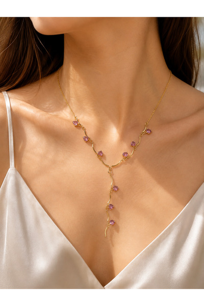 Minimal Glow Pembe Kalpli Zirkon Taşlı Sallantılı Y-Kolye Şık Bijuteri Sarmaşık Model⁠
