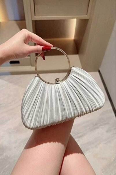 Famels Gümüş Saten Yeni Model Pliseli Abiye Çanta Kol/El Çantası İnci Taşlı A...