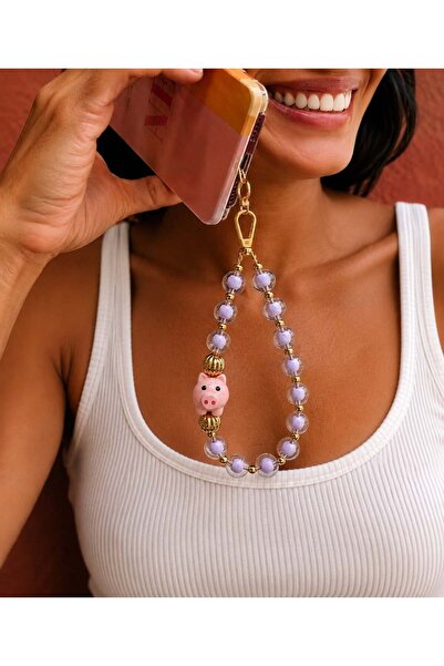 Les Petites Mains Lila Boncuklu Pembe Domuz Figürlü Çanta Aksesuarı – Çanta A...