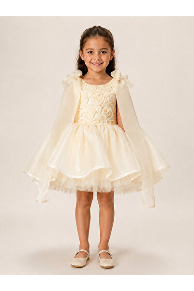PRİNCESS Girl's Ecru Floral Detailed Tutu Dress with Shoulder Bow, Birthday D...