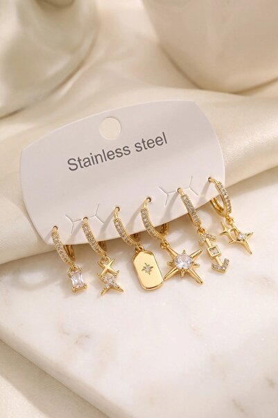 Generic Brand 316L Steel Gold Color Pole Star Detailed Women's Earring Set