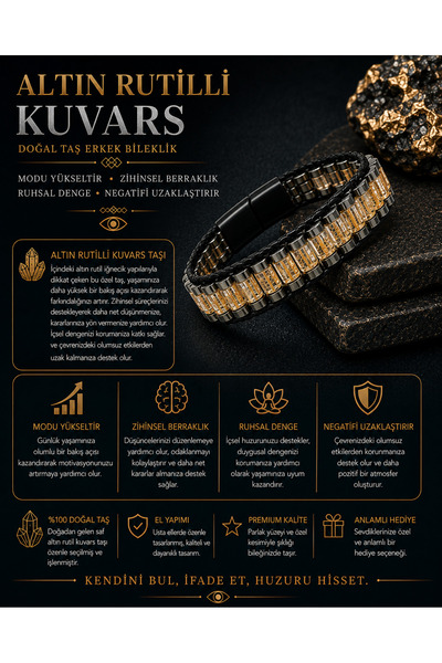 YILDIZ DOĞAL TAŞ Sertifikalı Altın Rutilli Kuvars Siyah Hematit Silindir Kesi...