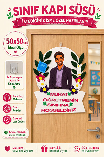 Aydede Oyunevi İsme Özel Sınıf Kapı Süsü Keçe Erkek Öğretmen 50x50 cm Okul Ön...