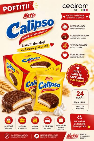 Nefis Calipso Biscuits with Meringue and Cocoa Glaze 20 g × 24 Pieces – Econo...