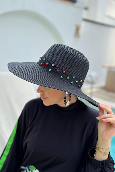 5.MEVSİM Striped Stone Straw Hat Rş-97 Black