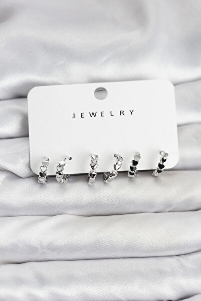 SORA GROUP Silver Color Brass Minimal Heart Detailed Women's Earring Set