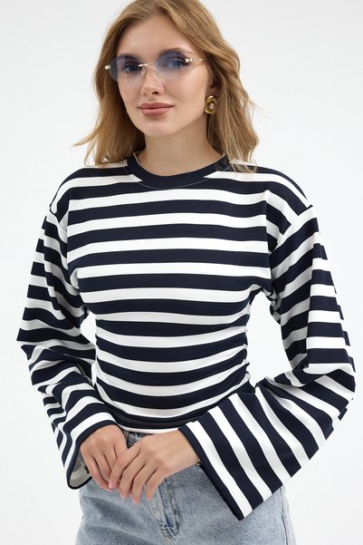 Rabi Shine Women's Wide Sleeves Circular Neck Striped Blouse