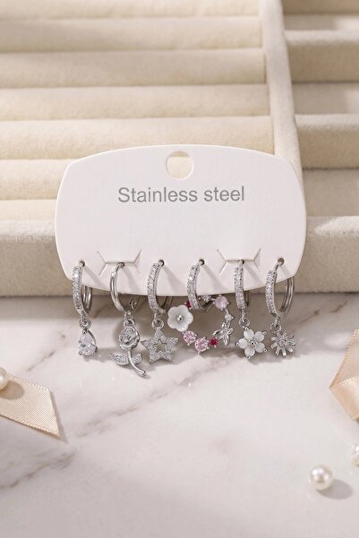 TakÇalıştır 316L Steel Silver Color Flower Detailed Women's Earring Set