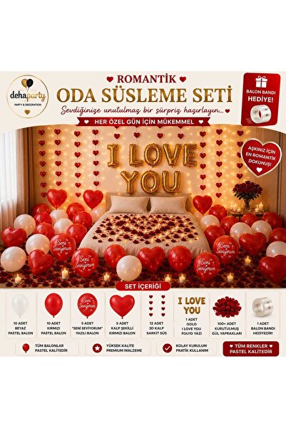 DEHAPARTY I Love You Yazısı Kurumuş Güller 30 Adet Kırmızı Beyaz Kalp Seni Se...