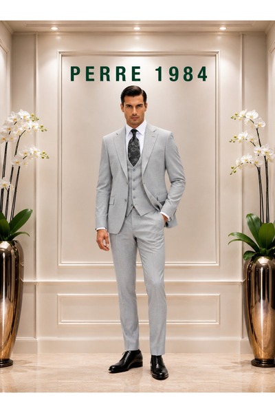 PERRE 1984 Erkek Slim Fit 3'lü Takım Elbise – Ceket, Yelek ve Pantolon – Likr...