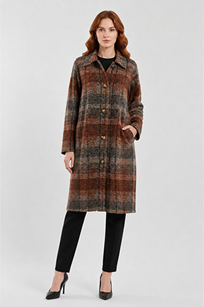 Neden Tekstil Women's Plaid Patterned Long Woven Oversized Coat