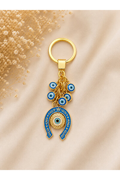 Azrua Light Blue Gilded Horseshoe Bead Detailed Metal Keychain, Lucky Keychai...