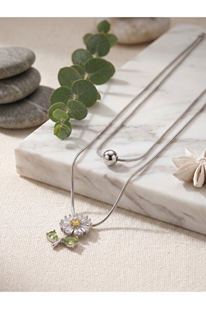 The Klōi Women's Steel Necklace Double Row Zircon Stone Daisy and Ball Detail...