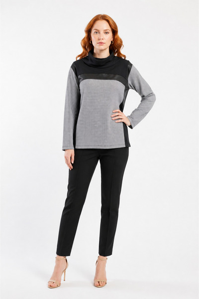 Neden Tekstil Women's Black Gray Leather Detailed Relaxed Fit Long Sleeve Blouse
