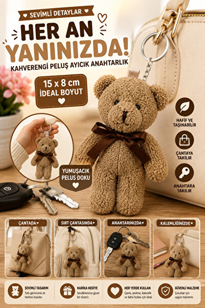 OpenCity 1 Adet Kahverengi Peluş Ayıcık Anahtarlık 15x8 cm Çanta Sırt Çantası...