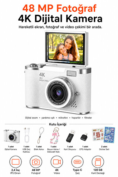 Ayers Premium 48 MP 4K Dijital Fotoğraf Makinesi, 2.4 İnç Döndürülebilir IPS ...