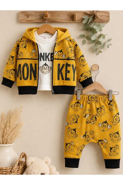 krm kerem bebe Erkek Bebek Monkey Desenli Kapüşonlu Fermuarlı Ceketli 3'lü Mevsimlik Pamuklu Takım