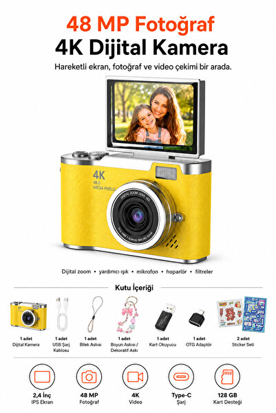 Ayers Premium 48 MP 4K Dijital Fotoğraf Makinesi, 2.4 İnç Döndürülebilir IPS ...