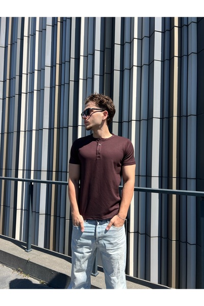 Henley Yaka Tişört Kahverengi | Modal Kumaş Likralı Erkek Tişört