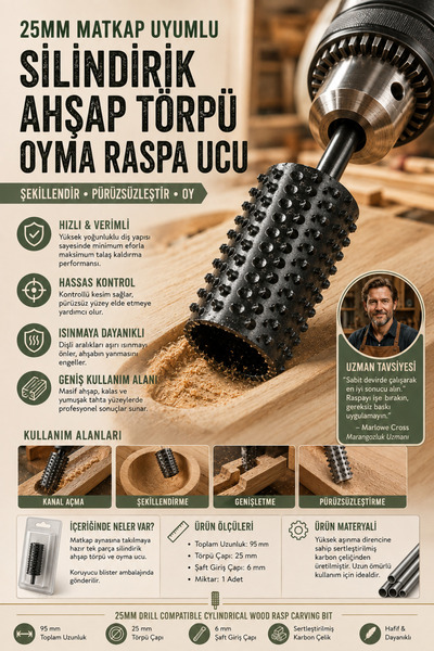 Transformacion 25mm Matkap Uyumlu Silindirik Ahşap Törpü Oyma Raspa Ucu 723535