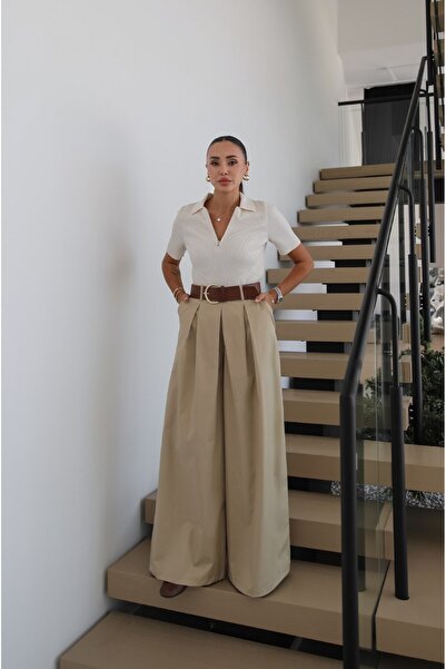 Havoş Beige Pilikaşe Detailed Belted Trousers