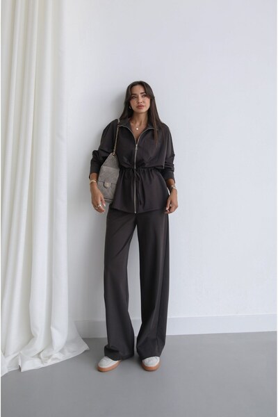 Havoş Bitter Brown Zippered Waist-Tie Jacket and Trousers Set