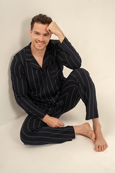 Arnetta Men'S, 100% Cotton, Navy Blue, Striped, Long Sleeve, Shirt Pajama Set
