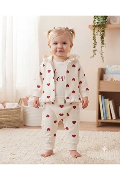 krm kerem bebe Baby Girl Love Heart Patterned Ruffle Detailed Hooded Zippered...