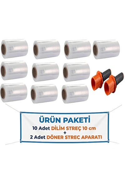Filo El Paketleme Ambalaj Streci & Oto Direksiyon Dilim Streç 10cm (10 Adet) + Palet Streç Filim & Dilim Streç Döner Kollu Sarma Aparatı (2 Adet)