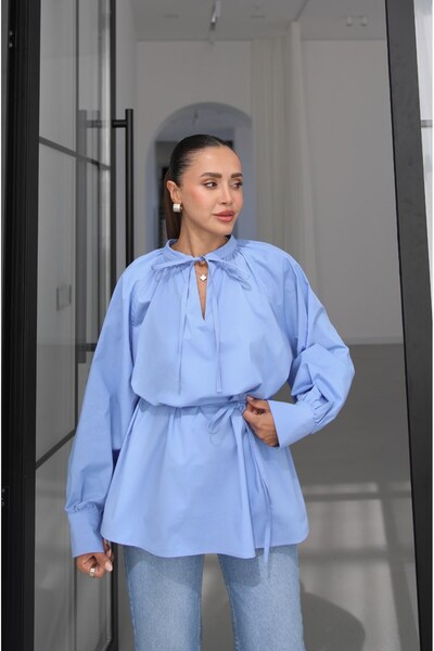 Havoş Blue Hakim Collar Poplin Blouse