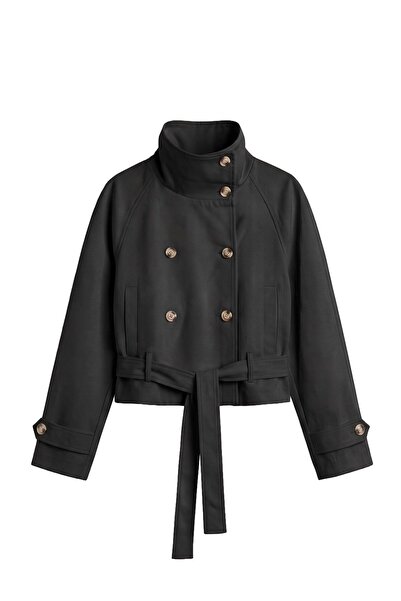 Havoş Black Zinno High Collar Belted Trench Coat