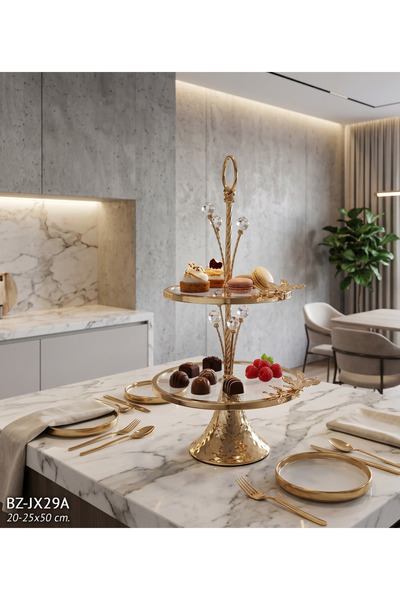 Hinora 2 Katlı Gold Sunumluk Standı Kristal Detaylı Kurabiyelik İkramlık Söz ...