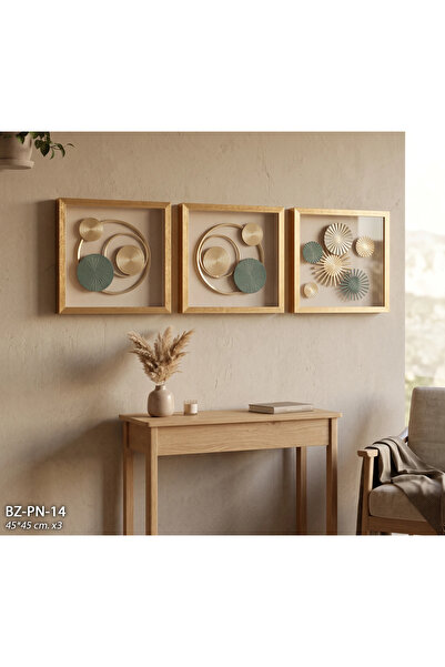 Hinora 3’lü 3D Dekoratif Duvar Tablosu 45x45 cm Ahşap Çerçeveli Camlı Metal D...