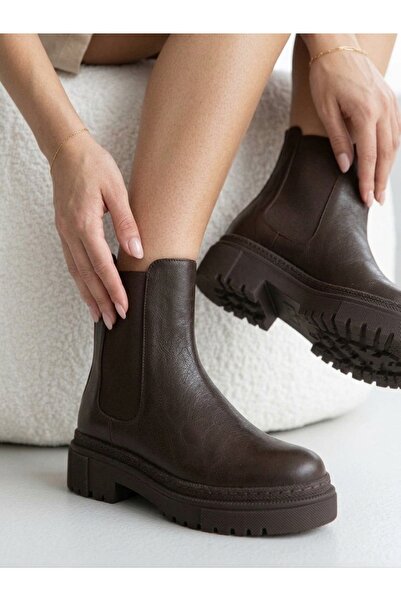 NOVELLAM SHOES Kadın Arven Kahve Cilt Dikişli Yandan Lastikli Kalın Taban Gün...