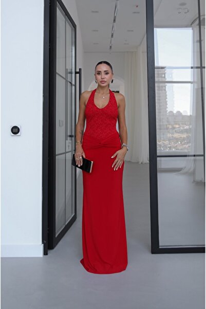 Havoş Red Lace Halter Dress