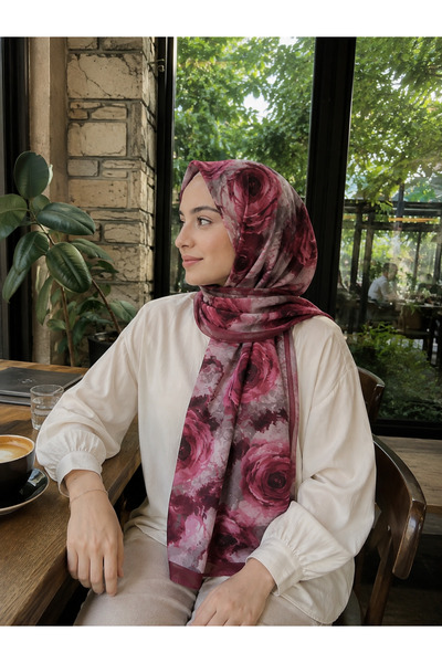 Genel Markalar Rosella Desenli Bambu Kraş Şal – Bordo/Gül Kurusu