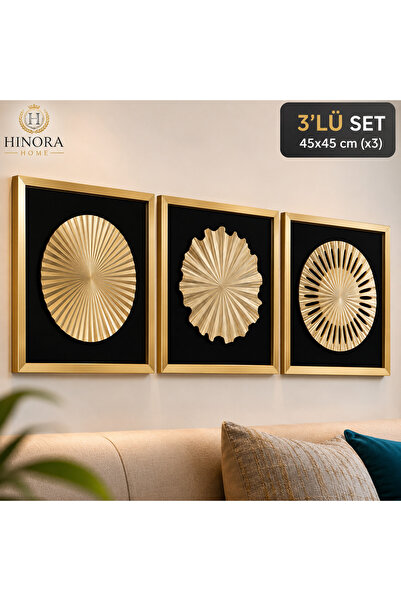 Hinora 3’lü 3D Dekoratif Duvar Tablosu 45x45 cm Ahşap Çerçeveli Camlı Metal D...