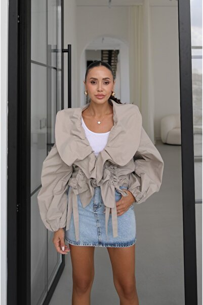 Havoş Stone Color Gathered Wide Collar Design Jacket