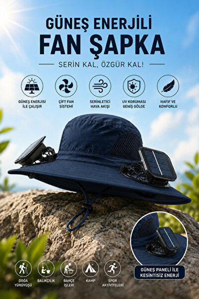 BLUE SİDE 1 Adet Portatif Kamp Güneş Enerjili Çift Fanlı Şapka – Solar Panell...