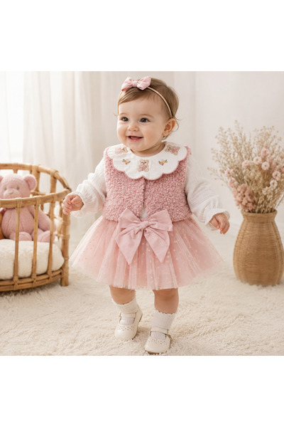 ministok Lily Pink Yakası Nakış Detaylı Gömlek Şort Yelekten Oluşan 3'lü Kız Bebek Takım