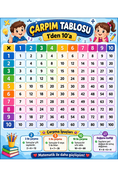 PRİME Concept Çarpım Tablosu Afişi 50x70 cm – 1’den 10’a Eğitici Matematik Po...