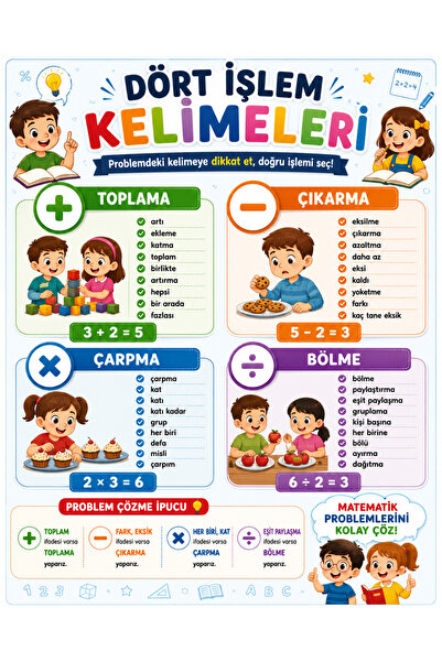 PRİME Concept Dört İşlem Kelimeleri Afişi 50x70 cm – Toplama Çıkarma Çarpma B...