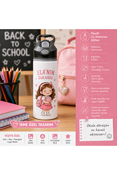 cekud tasarım baskı Kişiye Özel Kız Çocuk Suluğu 650 ml İsim Baskılı Pipetli ...