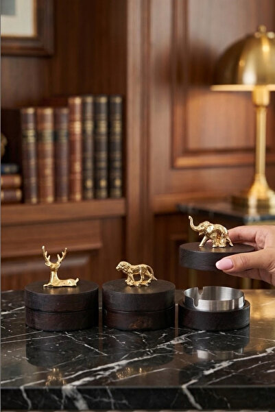 GİSVOL Set of 3 Wooden Forest Animals Metal Decorative Ash Tray Tabletop Asht...