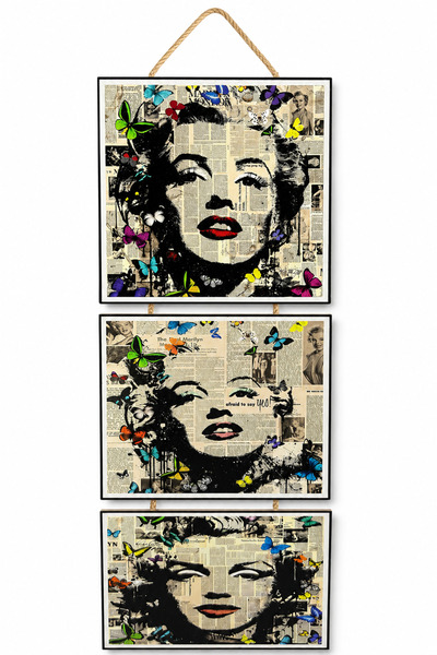 Marilyn Monroe 3’lü Dekoratif Duvar Panosu – Kelebekli Vintage Tasarım Duvar Dekoru